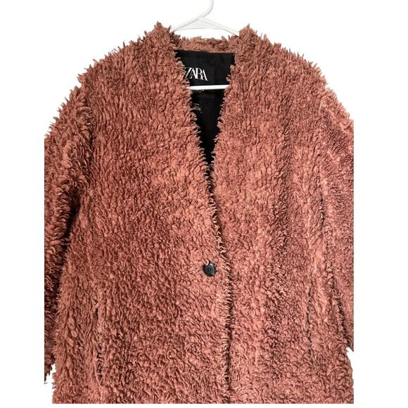 Zara Pink Shearling Fluffy Teddy Coat Jacket collarless one button size medium - Picture 4 of 15